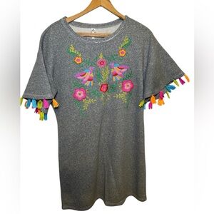Uncle Frank Anthropologie Grey Floral Bird  Embroidered Tassel Dress Sz Medium